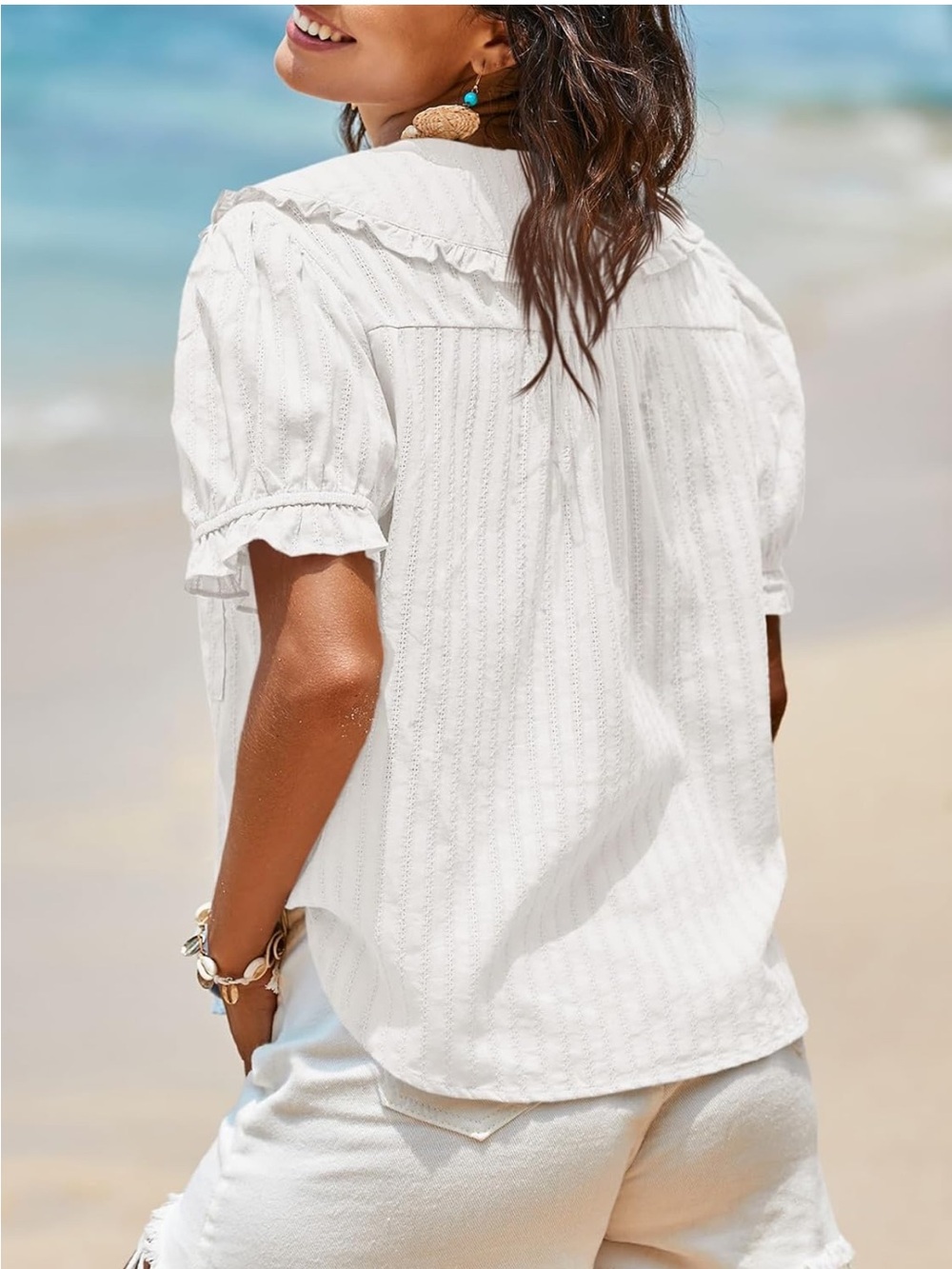 White Ruffle Collar Button-Front Blouse - Picture 6 of 7